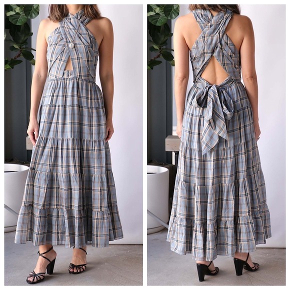 Ulla Johnson Dresses & Skirts - Ulla Johnson Crisscross Halter Cutout Tiered Maxi Dress Sz 4 Multi Plaid Belted